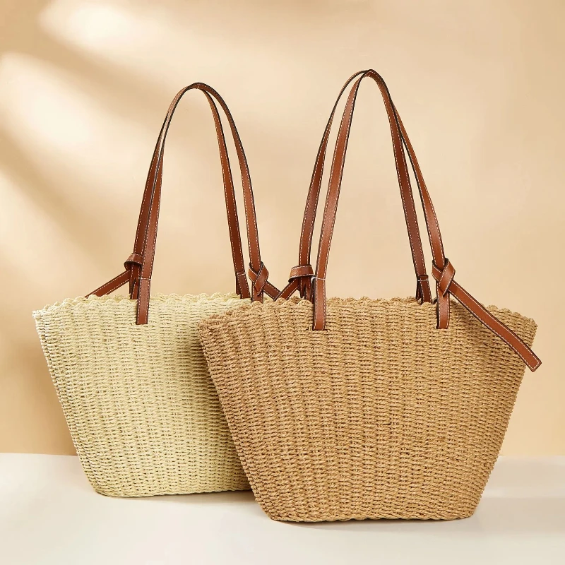 

New Women Top-Handle Bags Straw Women Beach Straw Bucket Bag Woven Tote Purse Casual Travel Handbags for Women High-capacity