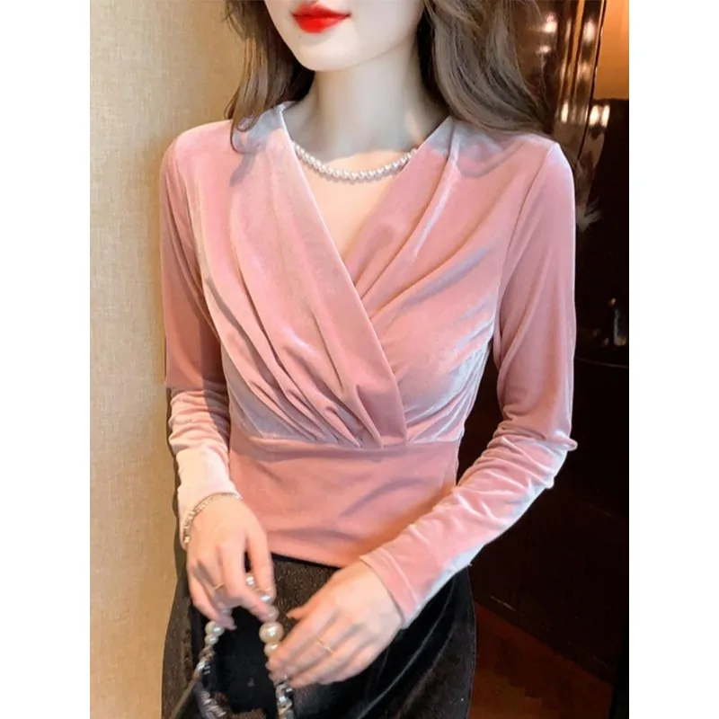 Commuter Versatile Temperament Elegant V-Neck Blouse Short Velvet Shirt Women\'s 2024 Autumn New French Style Slim Fit Top