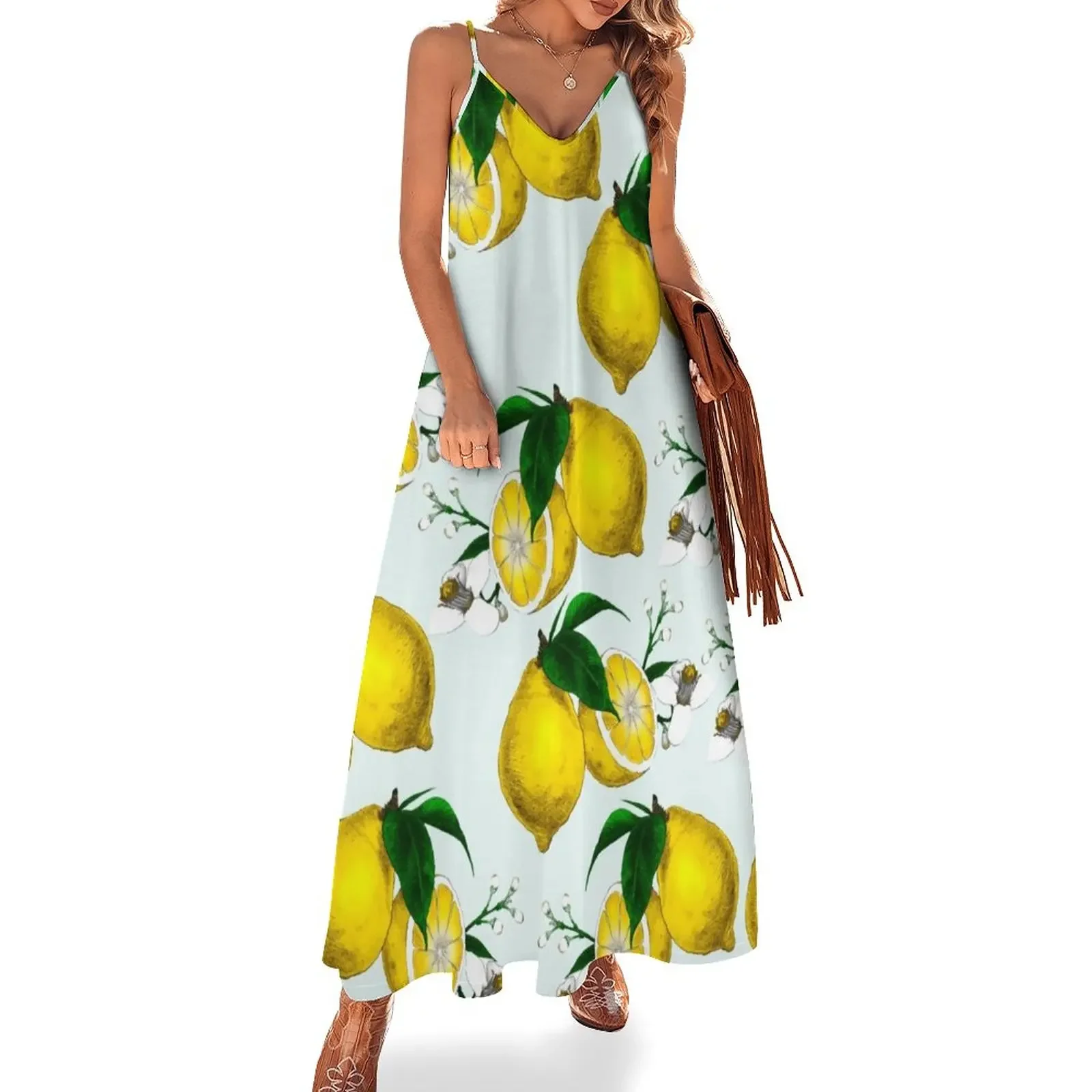 

Cute Lemon Print on Blue Background Sleeveless Dress Dress women Woman fashion women's fashion dresses