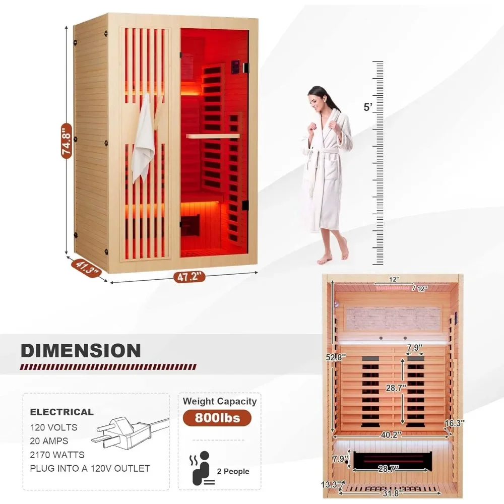 Sauna de espectro completo para casa, sauna infravermelha interna de 1 a 2 pessoas com aquecedor de 10 minutos, sauna infravermelha doméstica de madeira