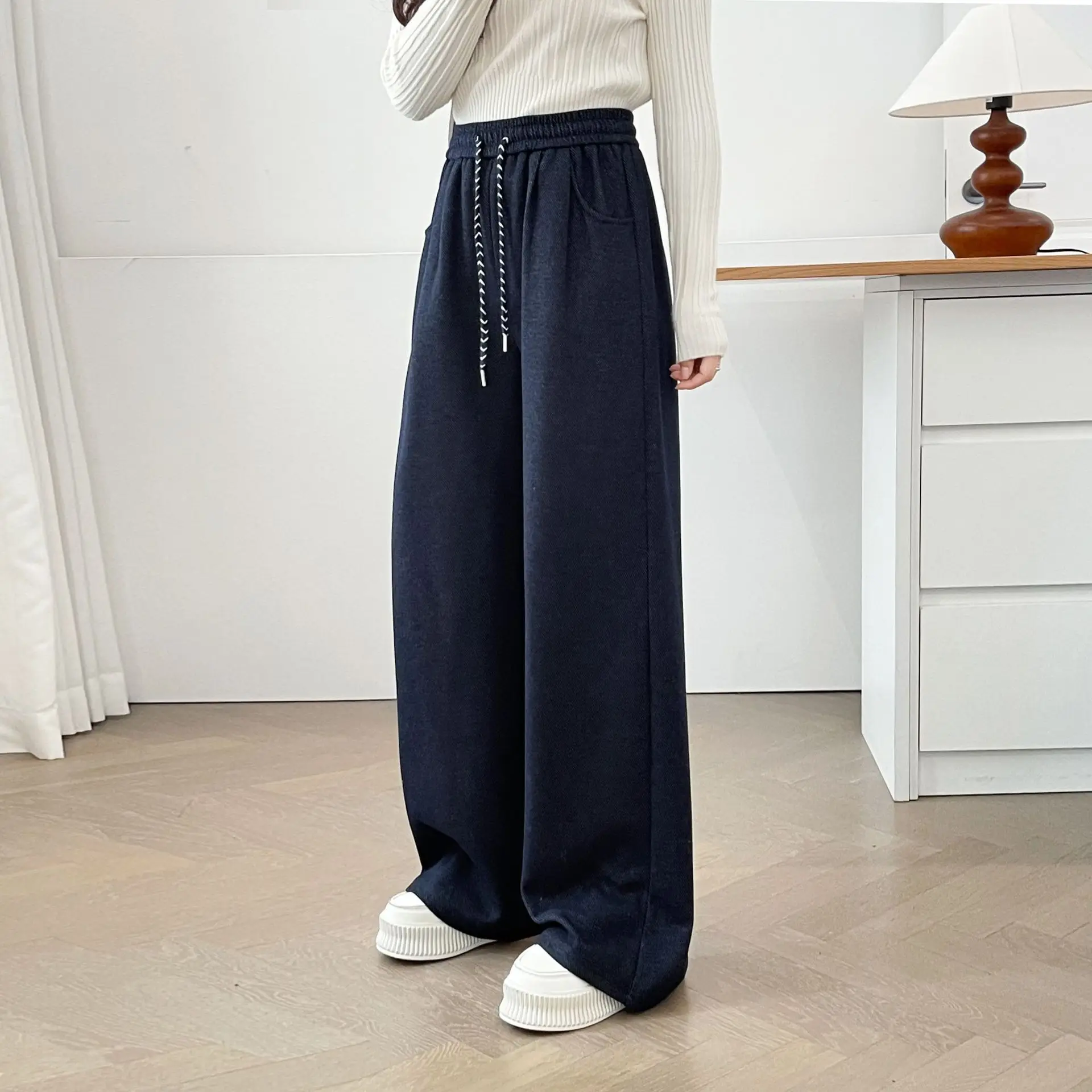 

XXXXL модные женские прямые брюки больших размеров, зима 2029, новый стиль, простые повседневные флисовые теплые брюки с завязками на талии 5008