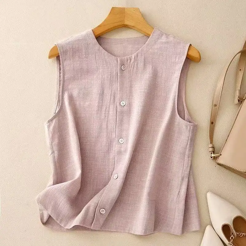 Korean Style Sweet Pink Khaki Cotton Linen Vest Women Summer Thin Sleeveless Jacket O-neck Button Up Cover Up Shirts Cardigan