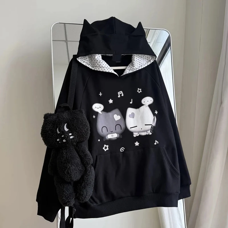 Women Black Polka Dot Anime Sweatshirt Long Sleeve Cartoon Print Thick Hoodie Harajuku Subculture Cute Sweet Japan Preppy Top