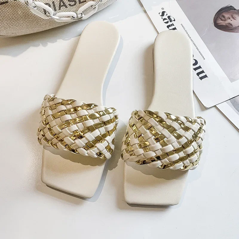 New Women Weave Shoes Square Toe Outdoor Beach Sandals Ladies Flat Slippers Casual Woman Flip Flops Fashion Summer Slippers