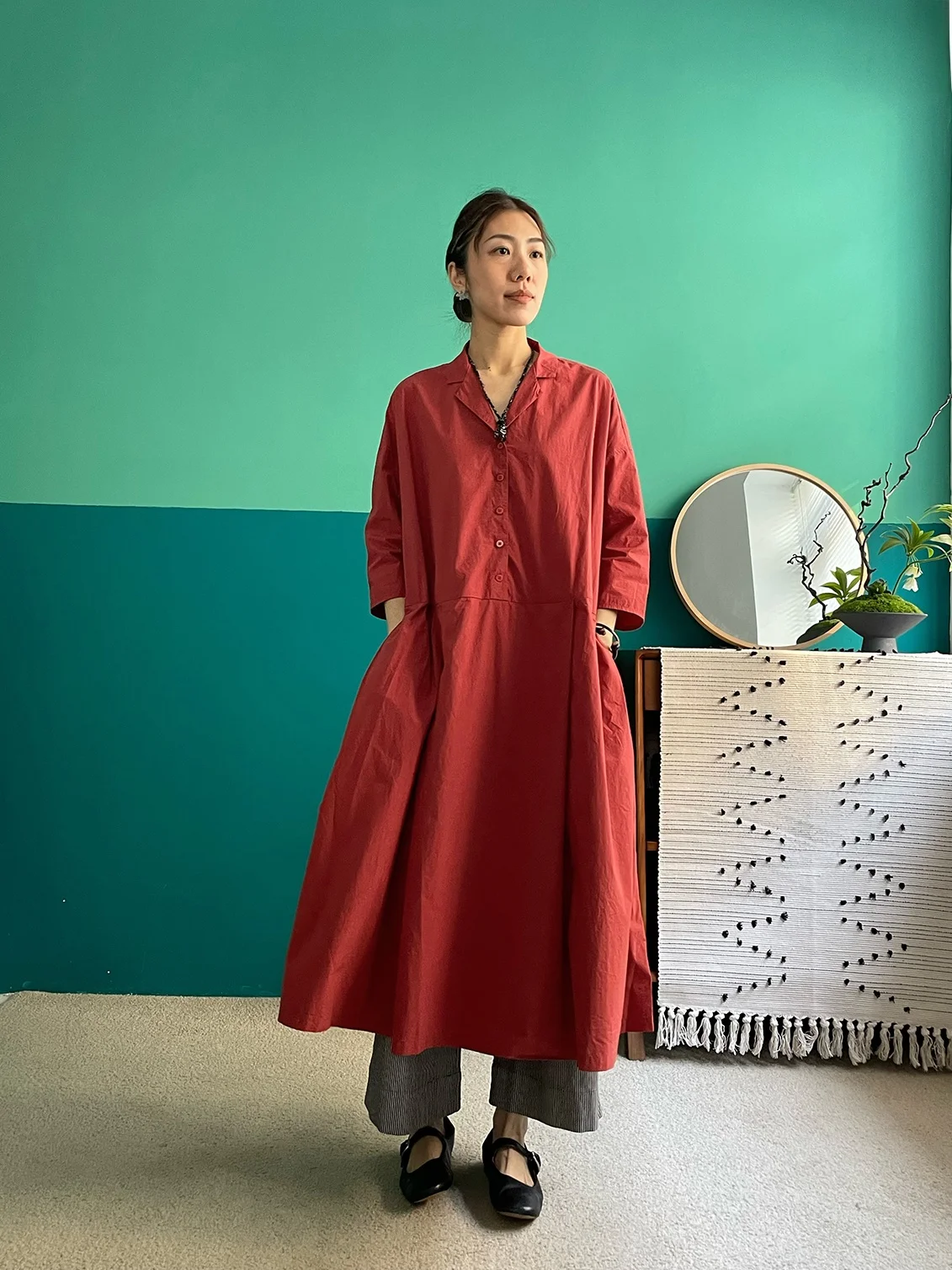 

Cxxmagique Brick Red Oversized Cotton Long Shirt Dress Casual Style Loose Fit Pure Cotton Gown with Flared Hemline