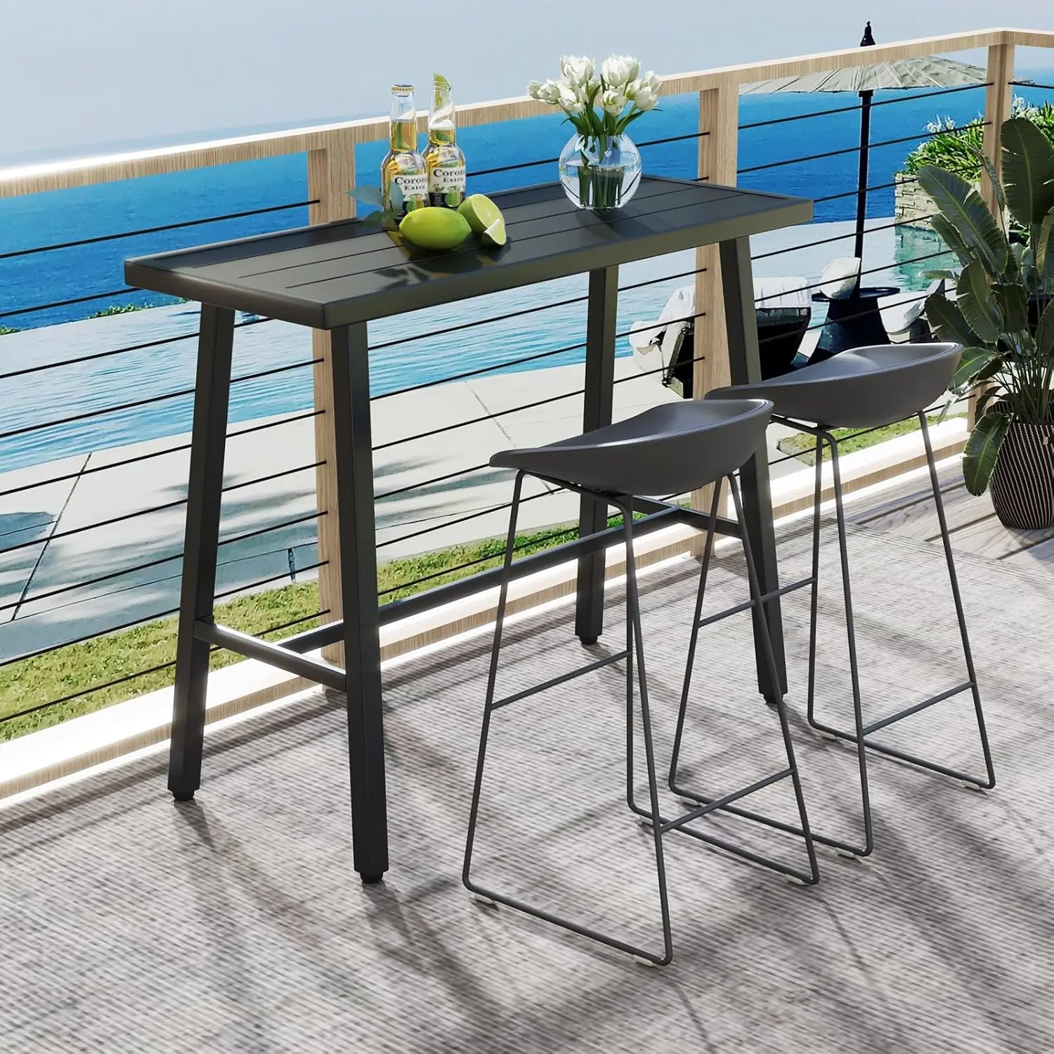 36" Outdoor Bar Table, Rectangular High Pub Table with Adjustable Foot Pads, Patio Counter Height Dining Table for Balcony, Back