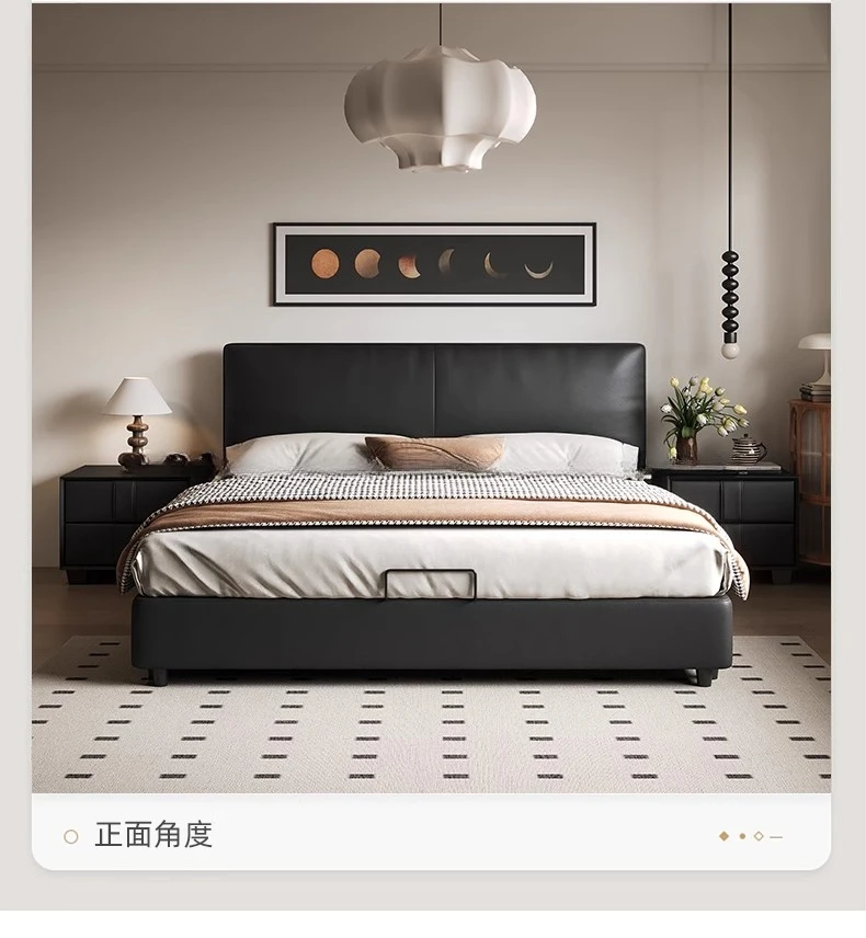 

Home Modern Simple Cream Style Master Bedroom Double Bed High Box Storage Black Leather Bed