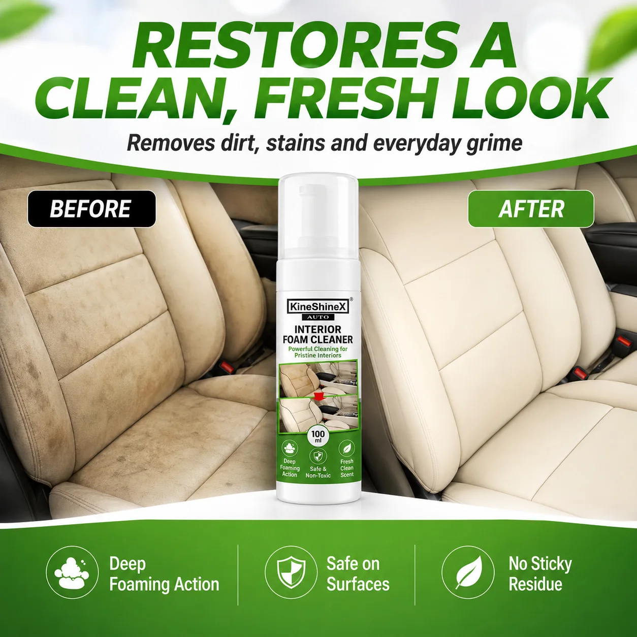 KineShineX 100ml Car Interior Foam Cleaner Multi-purpose Auto Leather Seats Dashboard Door Panel Cleaning Spray Stain Remover Non-toxic No Sticky Residue