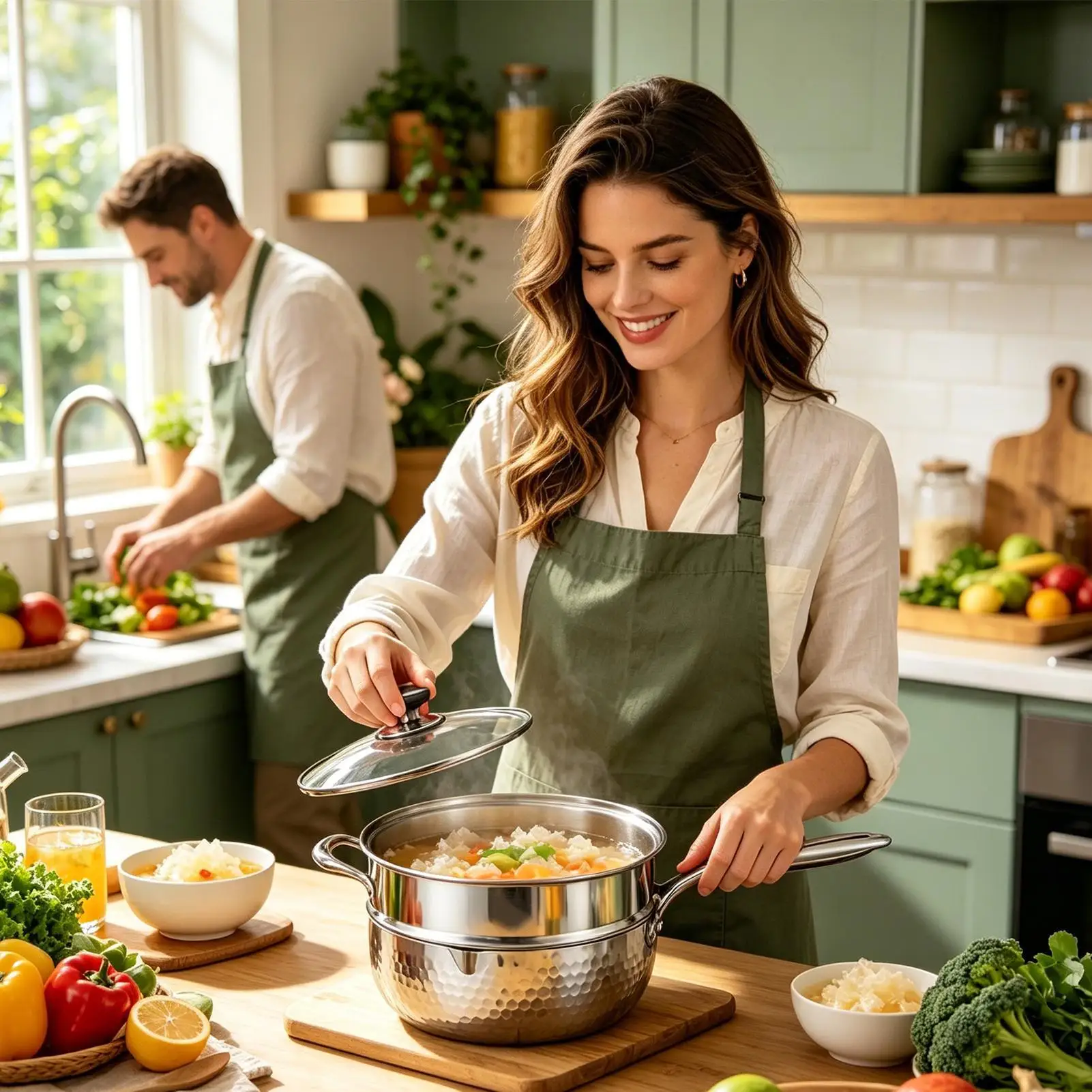 Stainless Steel Saucepan Non-Stick With Lid Handle Pour Spout Cooking Pot With Steamer For Frying Simmering Boiling Cooking