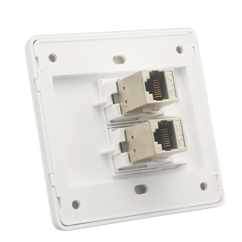 Two Gangs CAT6A RJ45 LAN Faceplate With 2 Ports Female Straight Plug Cat.6a Shielded Keystone Jack Internet Wall Panel In White