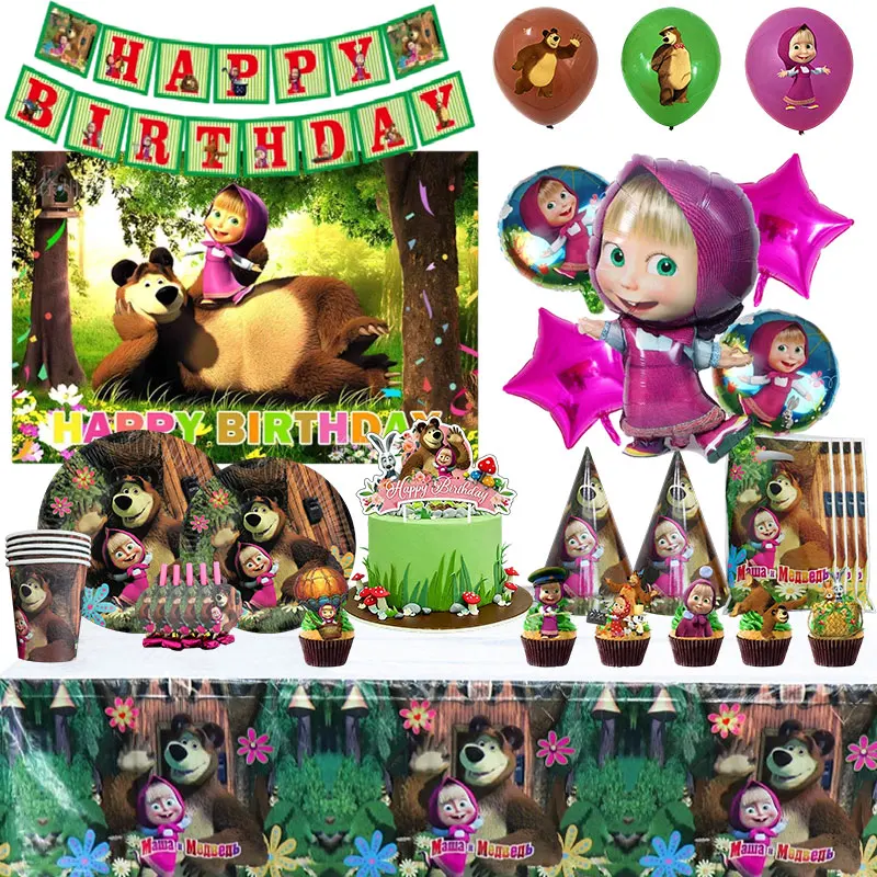 Conjunto de Decoração para Festa de Aniversário Masha e o Urso: Copos, Pratos, Toalha de Mesa, Guardanapos, Balões, Faixa e Fundo para Festa Infantil