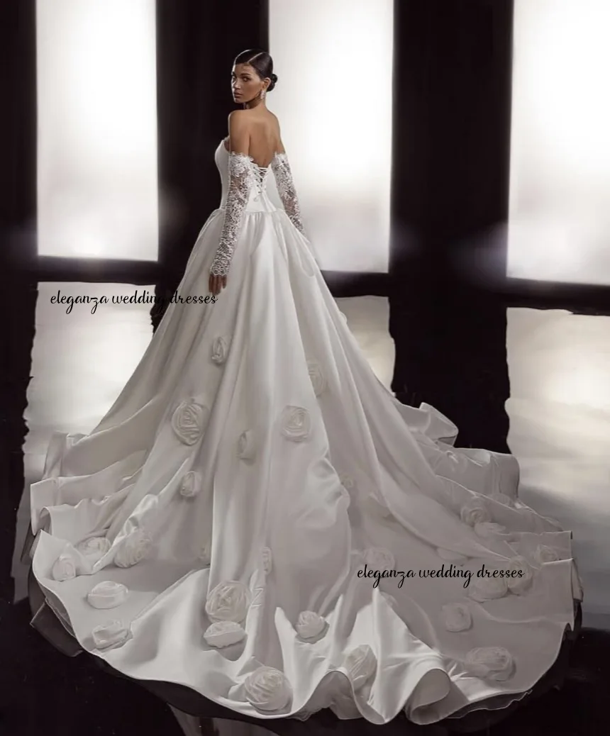 Gaun Malam Satin Putih Kustom Gaun Acara Dipesan Lebih Dahulu Lengan Panjang Dapat Dilepas Tanpa Tali Jubah De Mariee