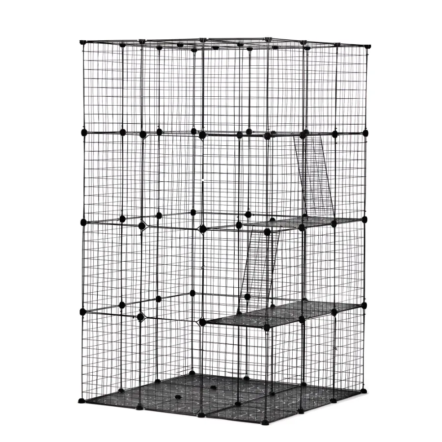 Jaula para gatos de alambre de 3 niveles Perrera grande Parque infantil 3 plataformas Escaleras de 3 rampa 4 puertas 42 x 42 x 72 Negro