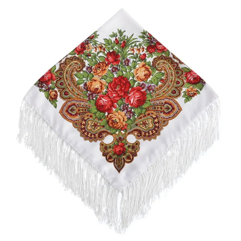 115*115cm Luxury Floral Print Russian Square Scarf Women Traditional Ethnic Ukrainian Fringed Shawl Bandana Babushka Head Wraps