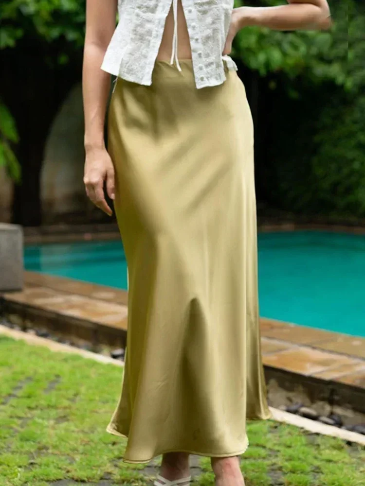 Women Lady Solid Champagne Black Casual A-line Skirts for Women Elegant Silk Slim Satin Midi Skirt High-waisted Long Skirt