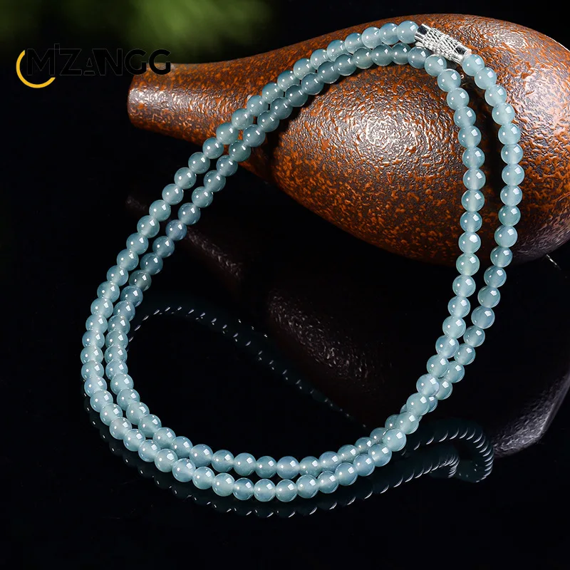 Natural Grade A Jadeite Blue Water 4.5mm Bead Necklace Fashionable and Charming Ice-Type Jade Three-Strand Bracelet Women Gift