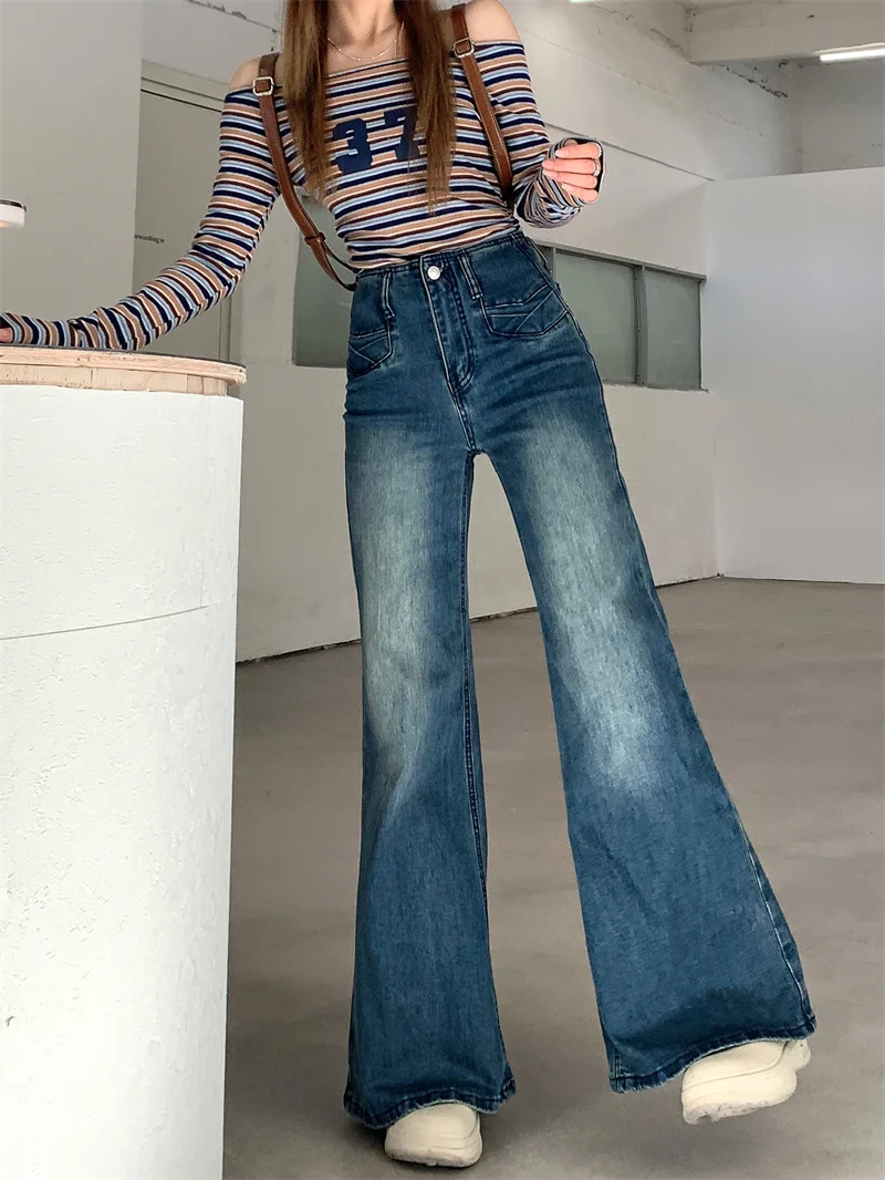 Korean-style retro high-waisted stretchy flared jeans for women slim-fit height-enhancing trendy leg-shaping versatile casual pants
