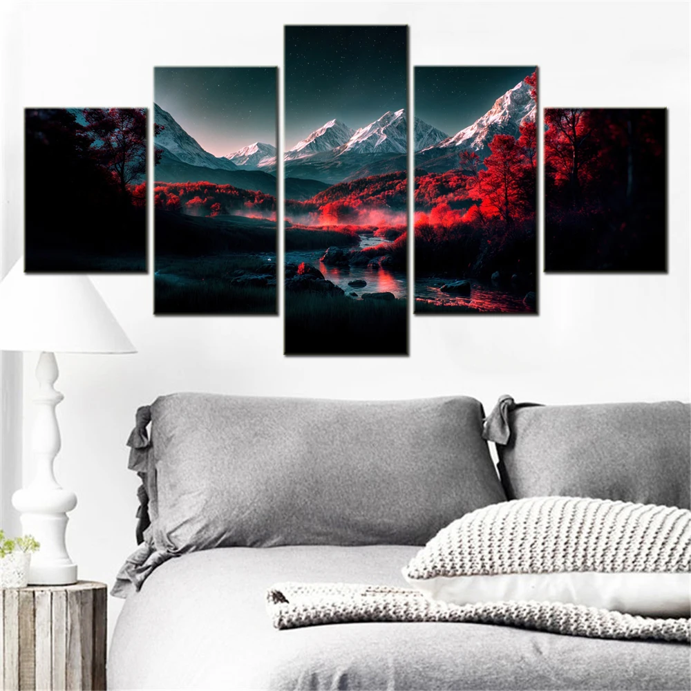 5 Pieces Canvas Wall Arts Landscape Poster Painting Nature Dramatic Scenery Wallpaper Colorful Interior Artwork Framework
