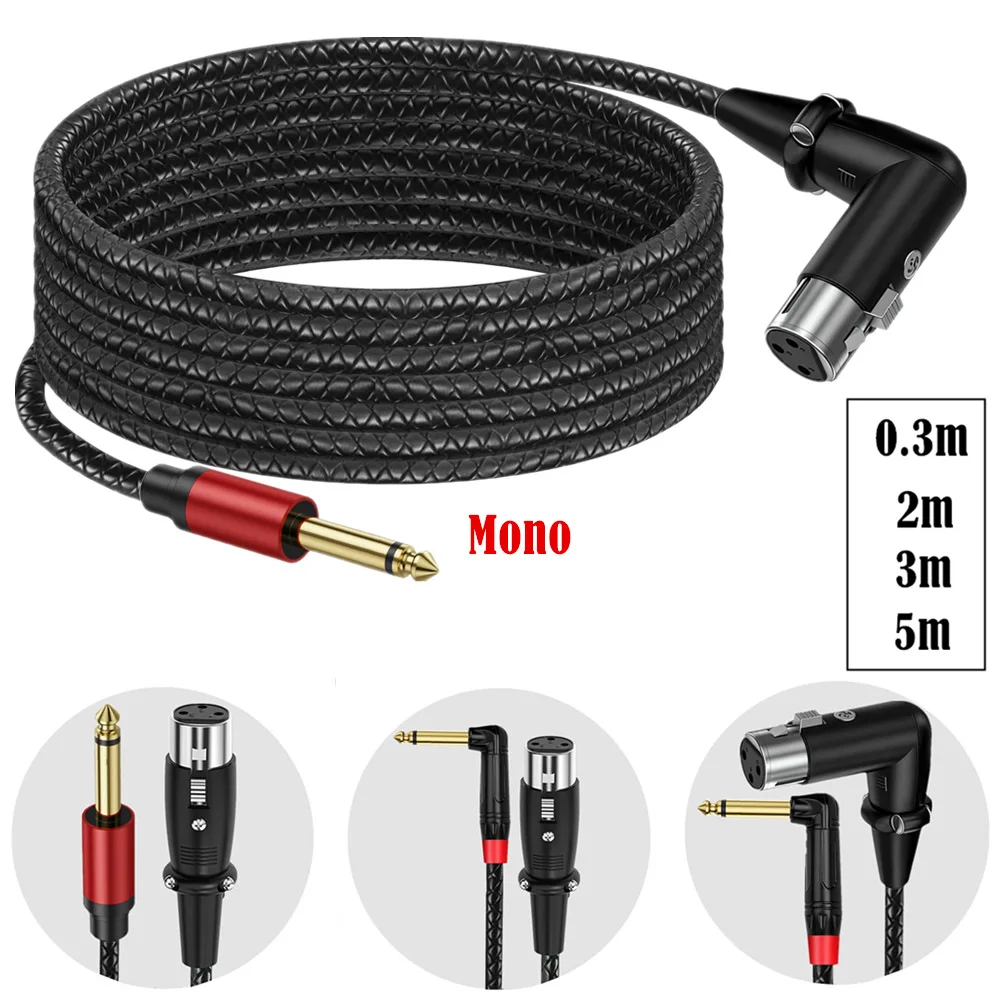 6.35mm TS Mono Male To Straight/Right Angle 3Pin XLR Female Braided Audio Cable 0.3/2/3/5M For Guitar Bass Stage Mixer