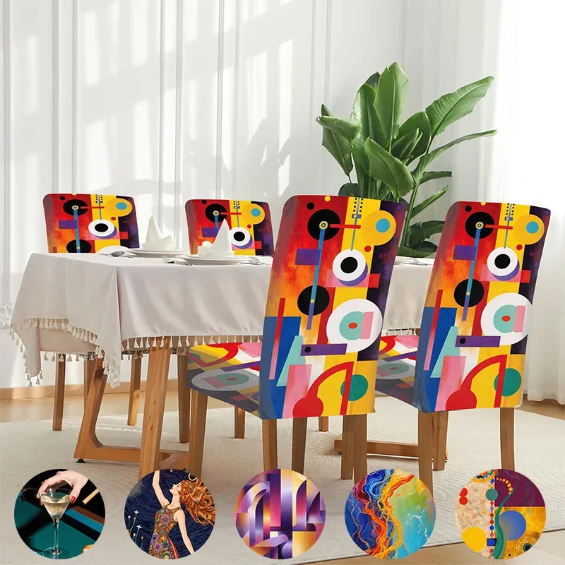 

Elastic dining chair cover, modern style abstract geometric color block art creative decoration, home dining chair cover