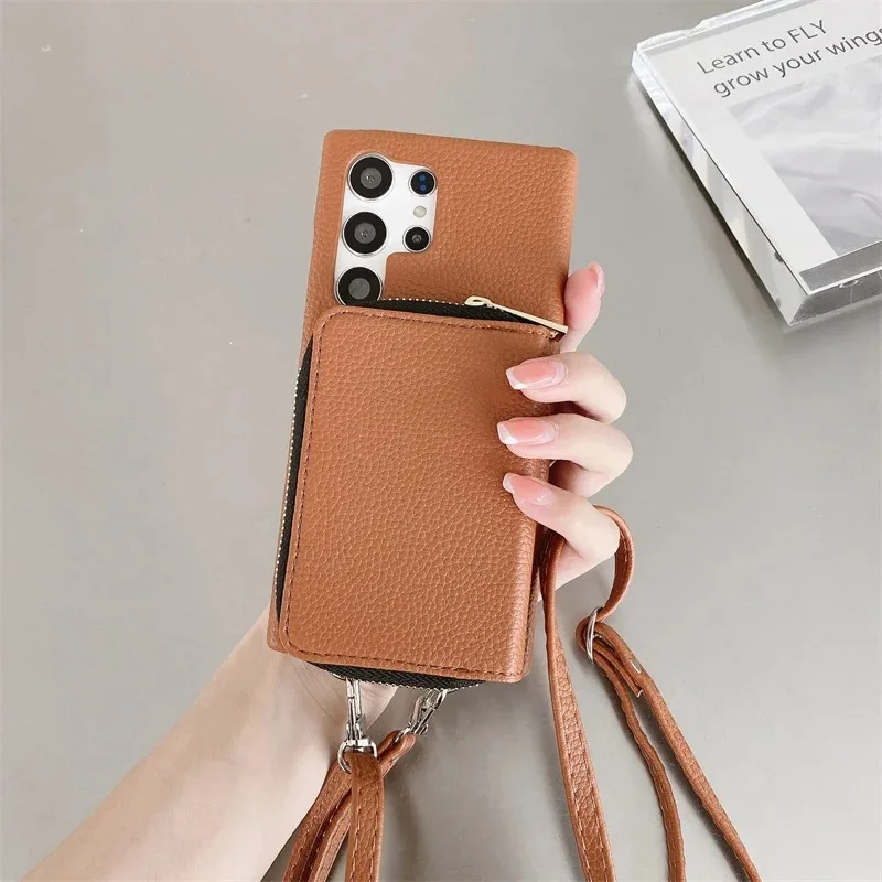 Skórzane etui portfel na telefon Samsung Galaxy S26 S25 S24 S23 S22 S21 S20 Ultra Plus FE z paskiem na ramię i smyczą. — zdjęcie produktu 3