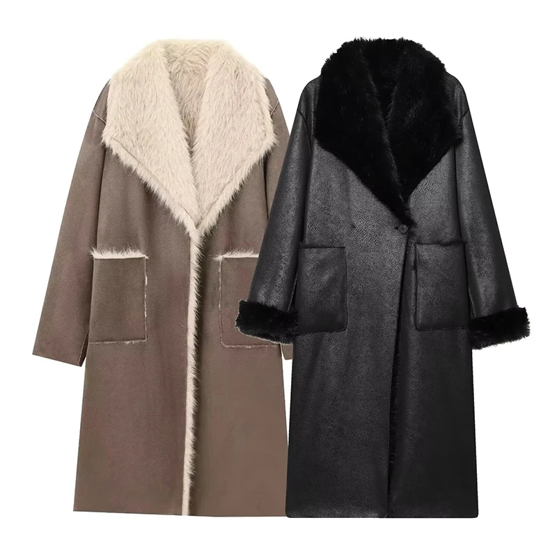 

Women's Double Sided Long Coat Long Fur Leather Warm Thicken Lapel Wear Coats Vintage Female Outerwear Chic Tops