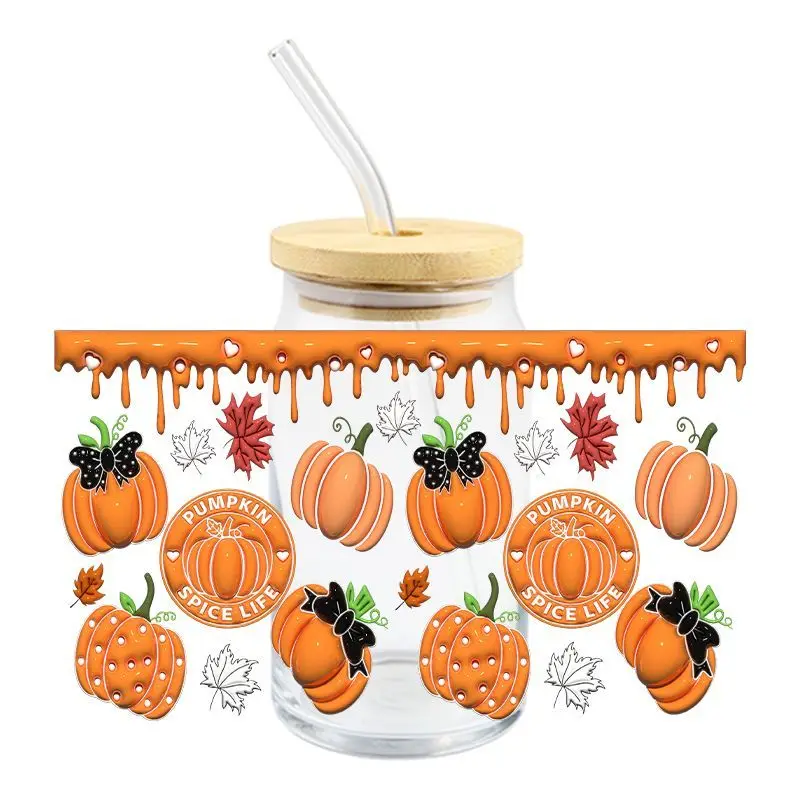 Full Pumpkin UV DTF Wrap Transfer Stickers Waterproof Strong Viscosity Design DTF Wrap For 16oz Glasses Cups Mugs Decal