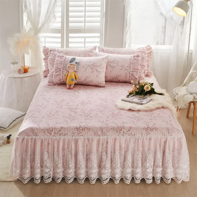 

Flower Decorative Princess Lace Bed Skirt 100% Cotton-padded Thicken Bed Skirt Home Non-slip Mattress Cover Protector Bed Cover