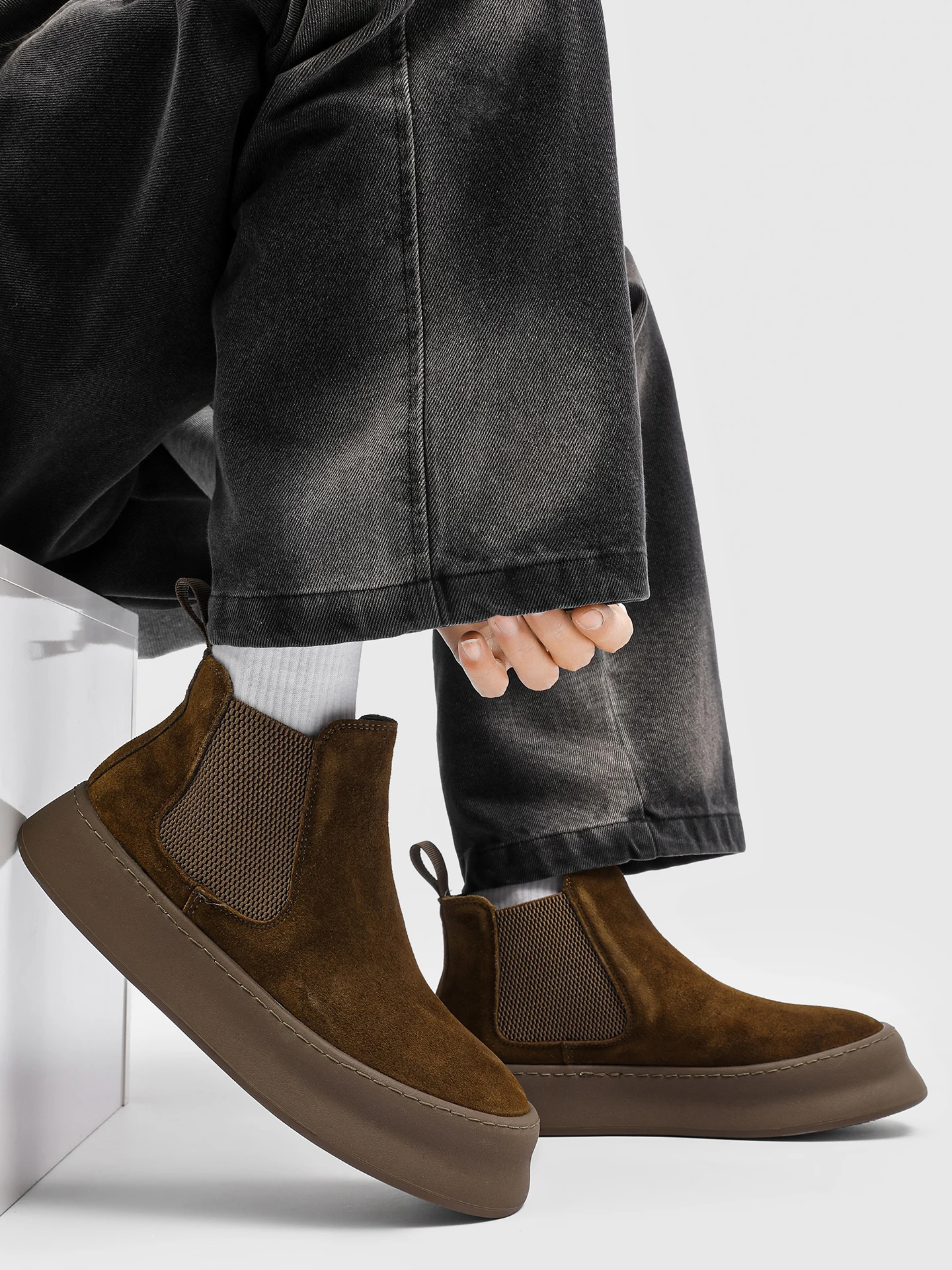 

Мужские ботинки челси из натуральной кожи, коричневые, высококачественные, без шнурков, рабочие, на плоской подошве, увеличивающие рост