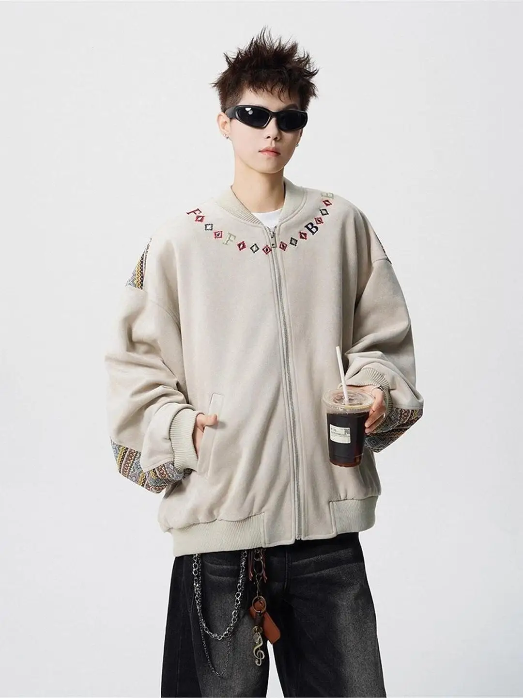 

Loose Fit Embroidered Jaet Baseball Collar Ethnic Sle Top for Men And Women Spring Autumn Casual Outerwear