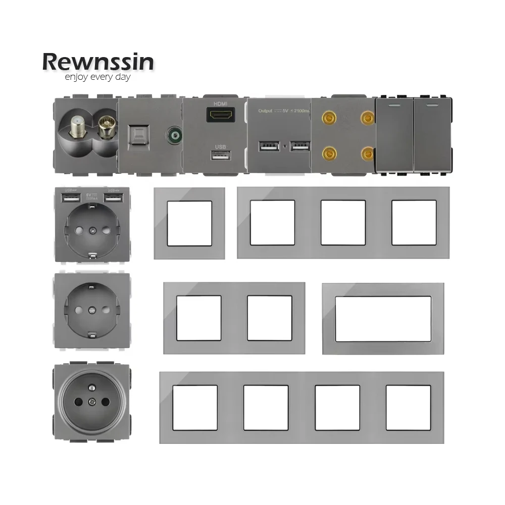 S Series-DIY Accessories Module DIY Gray Glass Frame 110V-250V EU France USB Wall Socket Light Switch RJ45 TV Module Frame