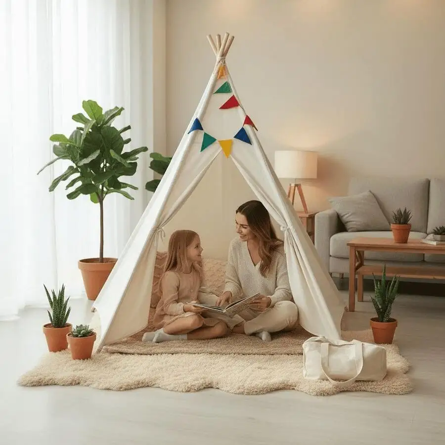 Adult Teepee Tent With Bunting Flags And Carry Bag, Beige Cotton Canvas Reading Nook, Simple Style Play House For Room Decor, Me
