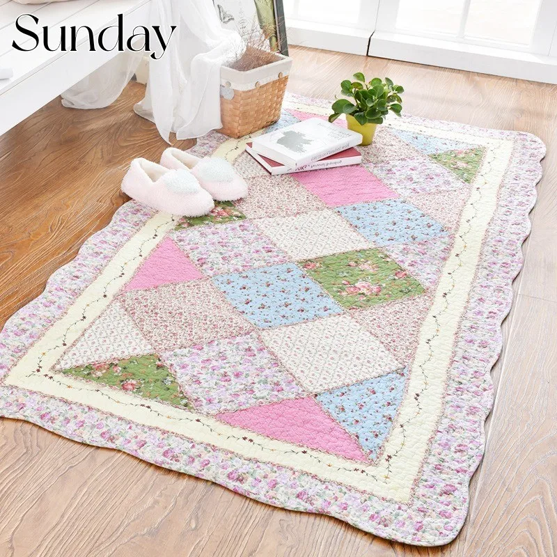 

Countryside Style Cotton Floor Mat Quilted Handmade Patchwork Anti Slip Carpet for Living Room Soft Bedroom Decoration Area Rugs