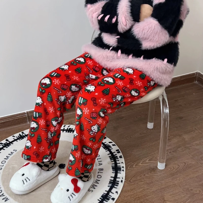 Sanrioes Hello Kitty Kuromi Flannel Pajamas Pants Female Winter Fleece Casual Homewear Pants Leisure Wear Girl Chirstmas Gift