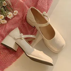 Letnie obuwie damskie Square Toe Japanese Style Shoes for Women 2024 Lolita Pearl White Normal Leather Casual Mary Jane Heels E