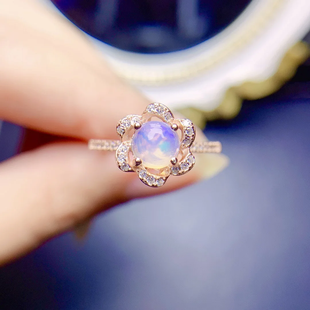 

6mm Natural Opal Ring Real S925 Sterling Silver Certificate Fashion Flower Design Fine Charm Weddings Jewelry for Women FS