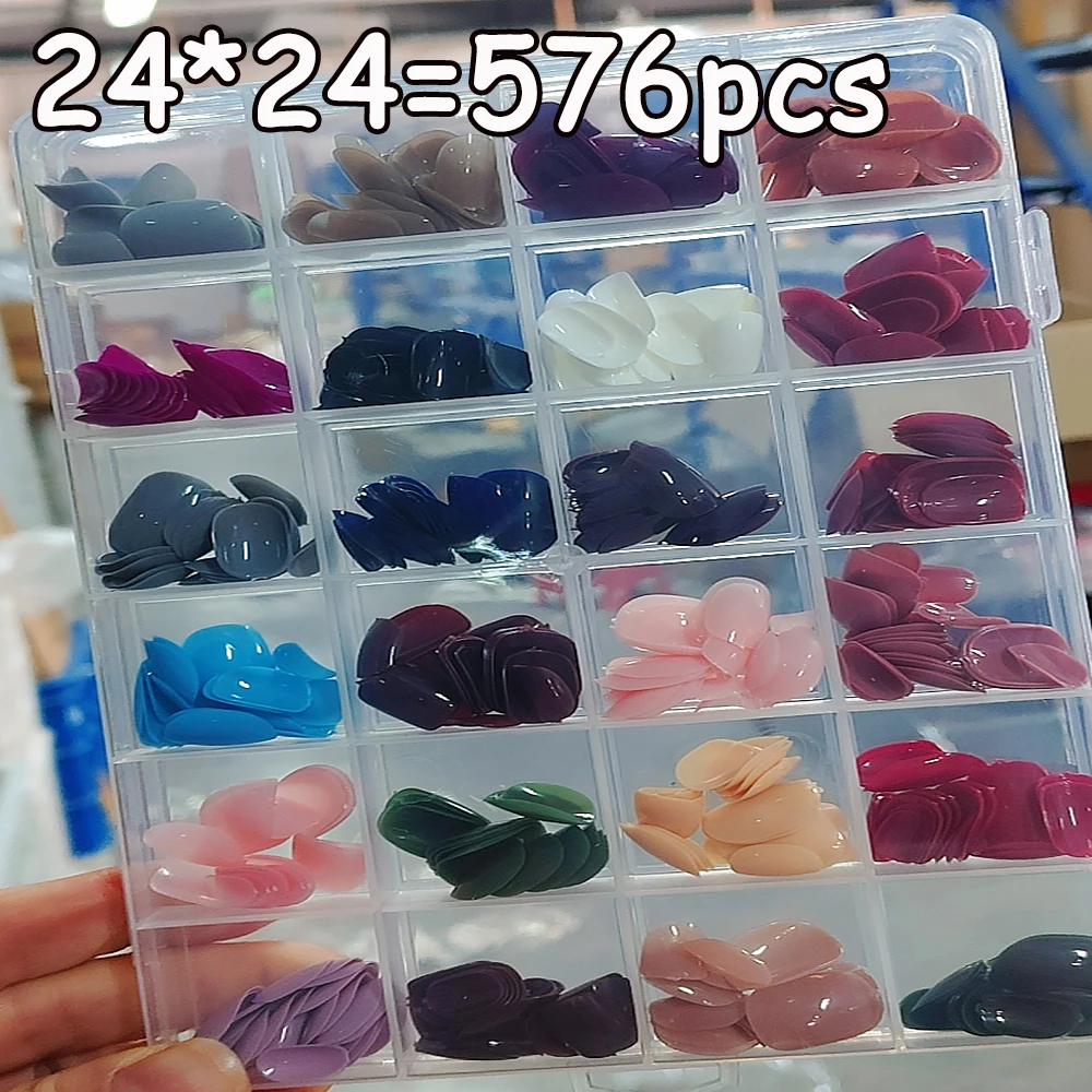 24*24=576pcs Mixed Colorful Glossy Full Cover Nail Tips Red Black Square Oval S Hort Design Press On Nails Reusable Acrylic Nail