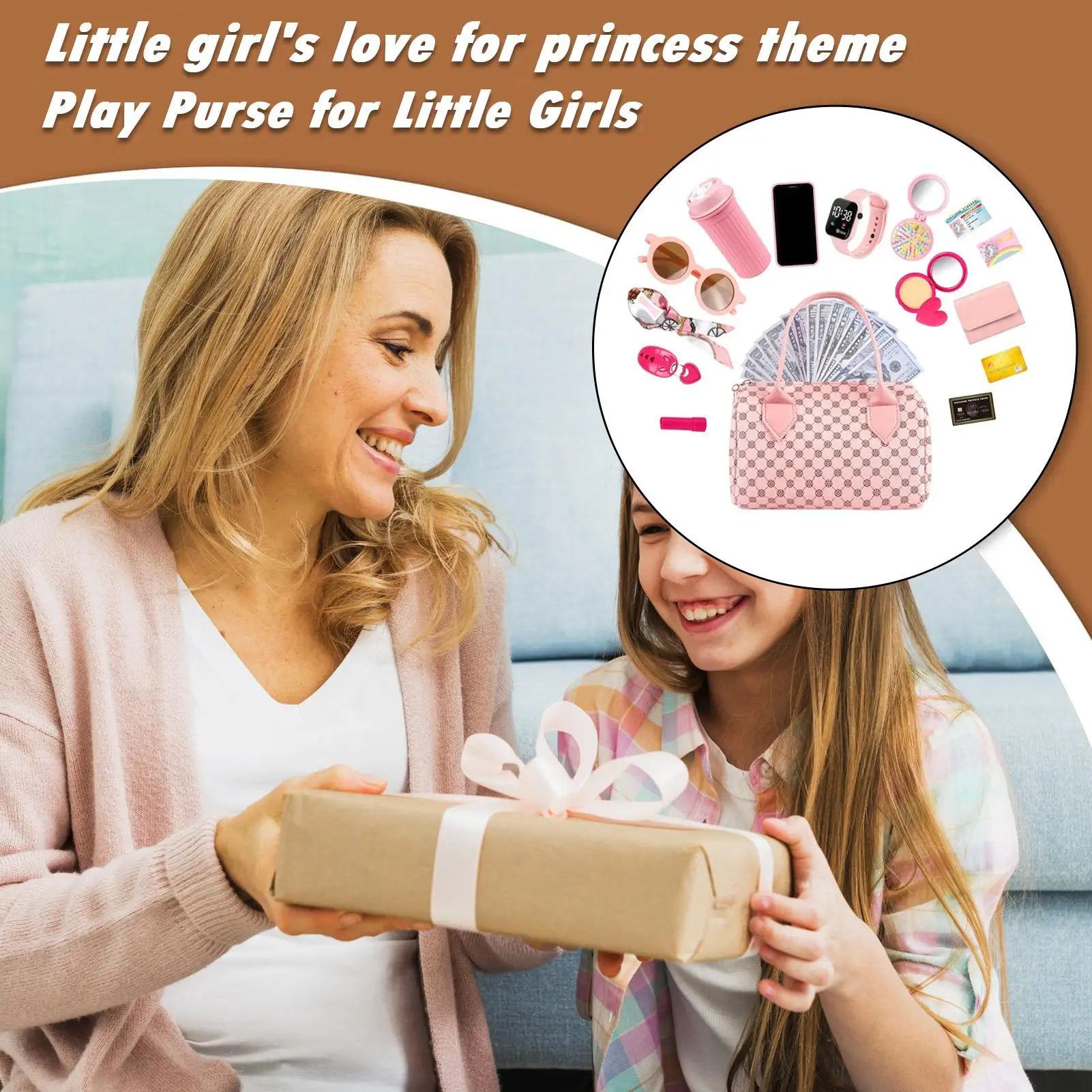 Funny Play Purse forGirls Princess Gifts Play Purse Set Top Handle Bag Cell Phone/Makeup/Water Bottle Christmas Birthday Gift