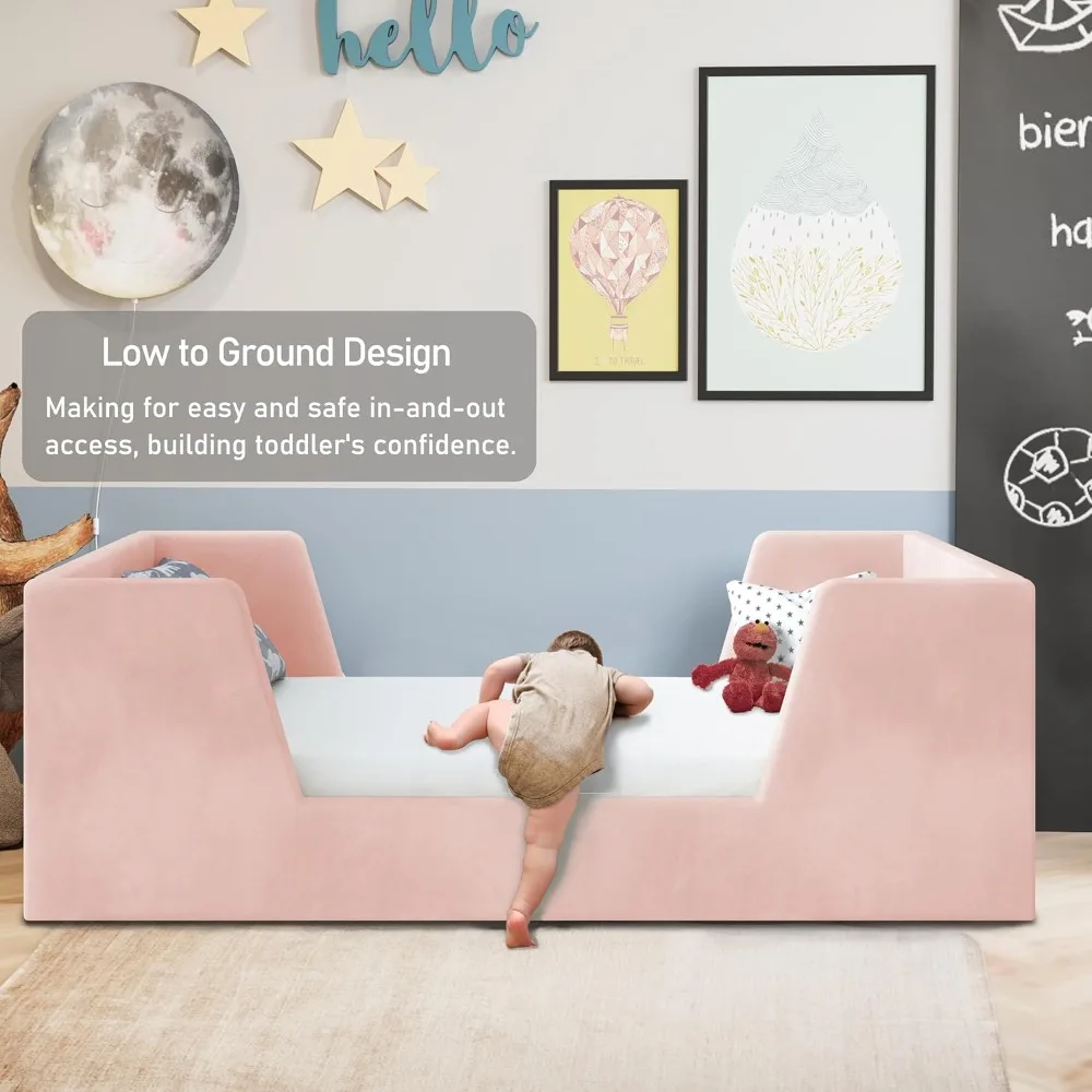 幼児用ベッド、ガードレール付き幼児用フロアベッドフレーム、2～6歳向け子供用ベッド、女の子と男の子向けの小さなベッド、標準サイズ