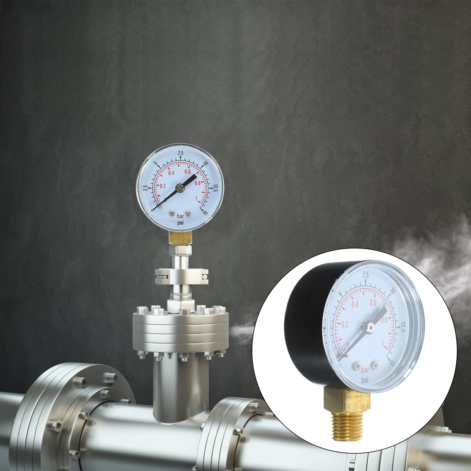 

50Mm Pressure Gauge 0-15 Psi 0-1 Bar Air Pressure Gauge Npt Thread Metal Case Double Reading Instrument