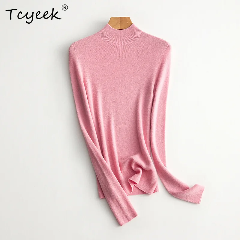 Tcyeek, 18G, 100% lana pura, Otoño Invierno, suéteres de punto con cuello simulado para mujer, Tops de colores macarrón, camiseta interior básica de oficina para mujer T3N565QM