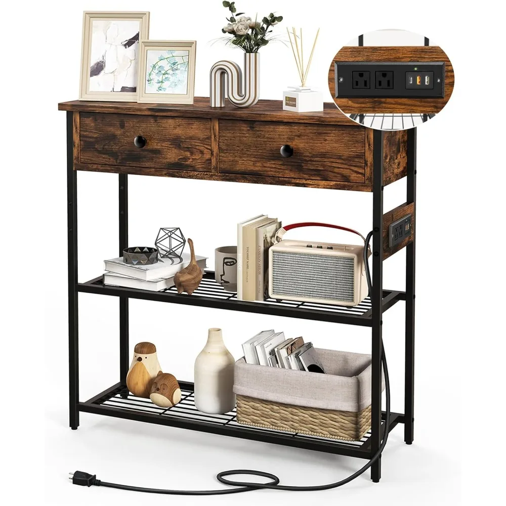 

Console Table with Power Outlet, Narrow Entry Table with Drawers, 2 AC Outlets & 2 USB Ports, Sofa Table for Living