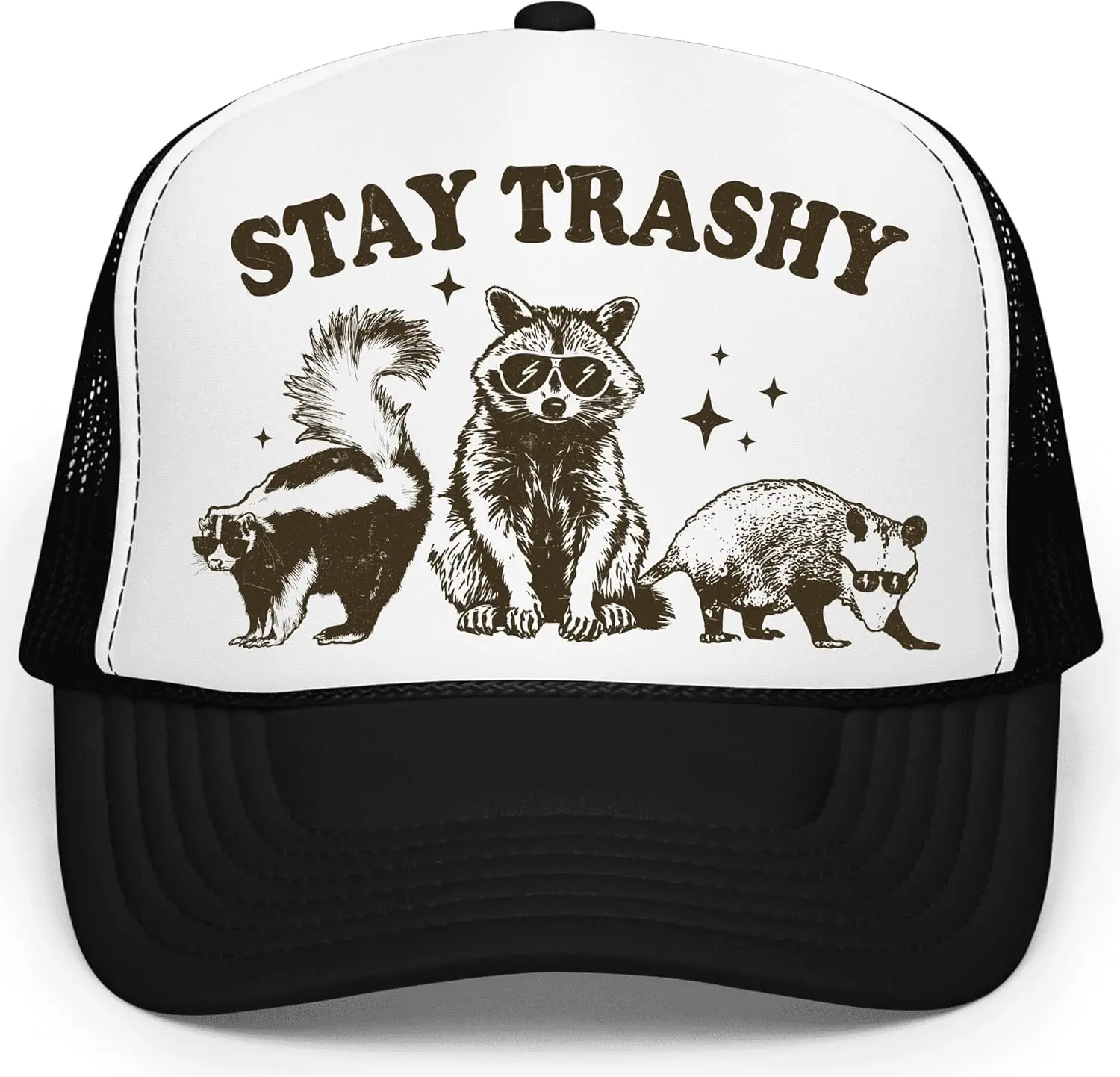 

Stay Trashy Funny Raccoon Graphic Classic 5 Panel Mesh Snap Back Trucker Hat