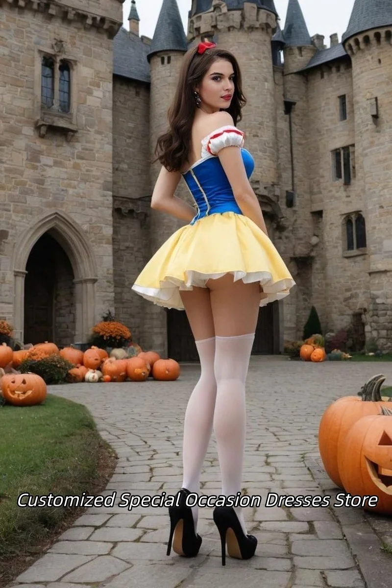 コスプレ白雪姫オフショルダーミニプロムドレスティアードフリル付きコミックコンベンションパーティードレスカクテルドレスカスタマイズ