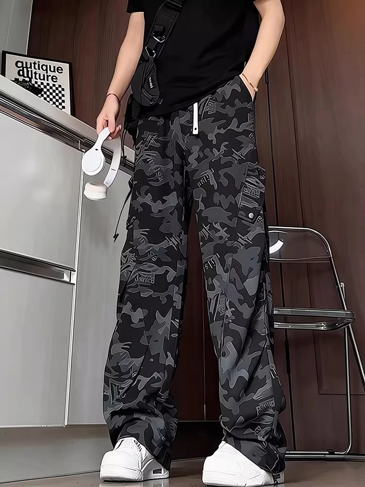 American Style Camouflage Pants Men's Spring Folded Wide Leg Casual Trousers Tied Dye Splicing Loose Fit Straight Leg Jeans