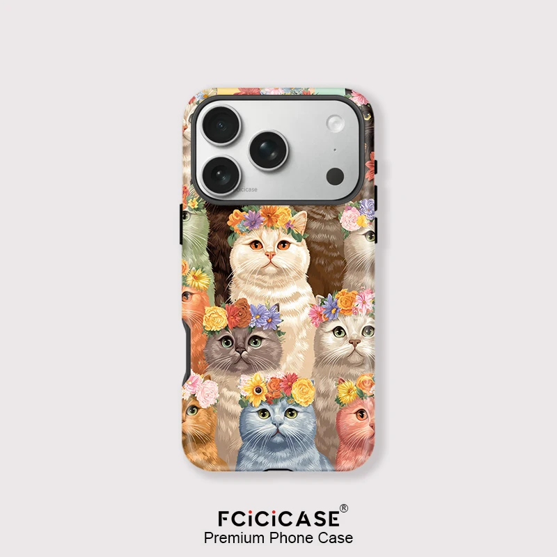 Fcicicase Phone Case For iPhone Air 17 16 15 14 13 12 11 Pro Max Plus Magnetic Acrylic For Magsafe Flower Cats Painting Cover