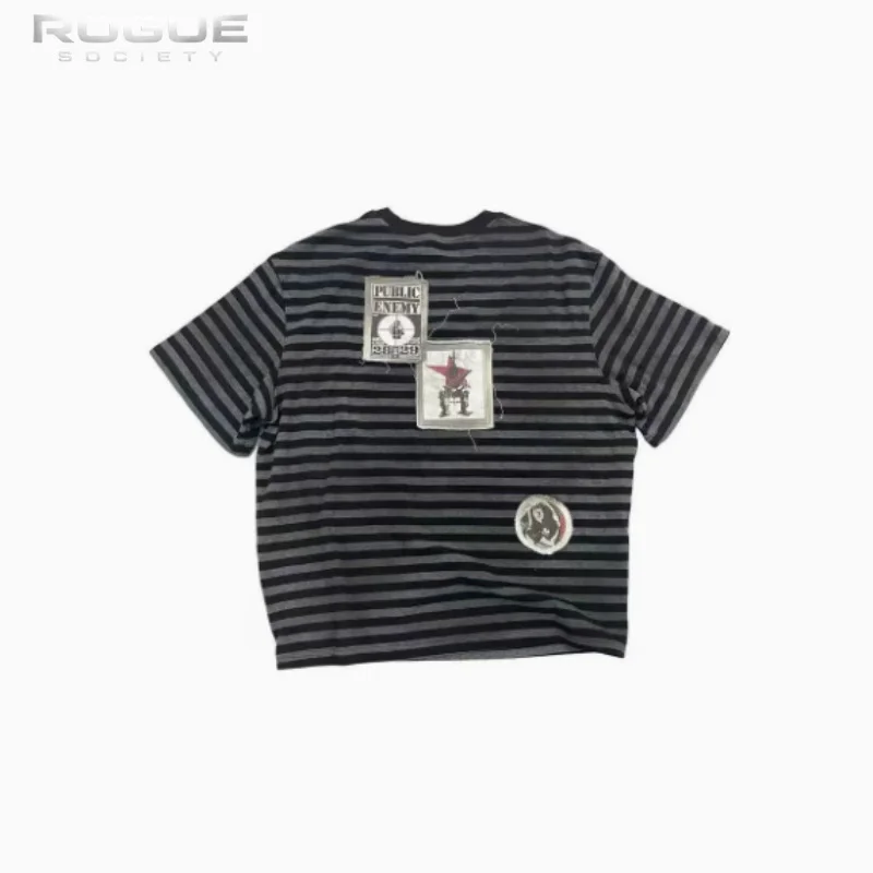 Luxury New American Y2k Striped Men Tshirt Patchwork Print Vintage Grunge Summer Trendy Casual Tops