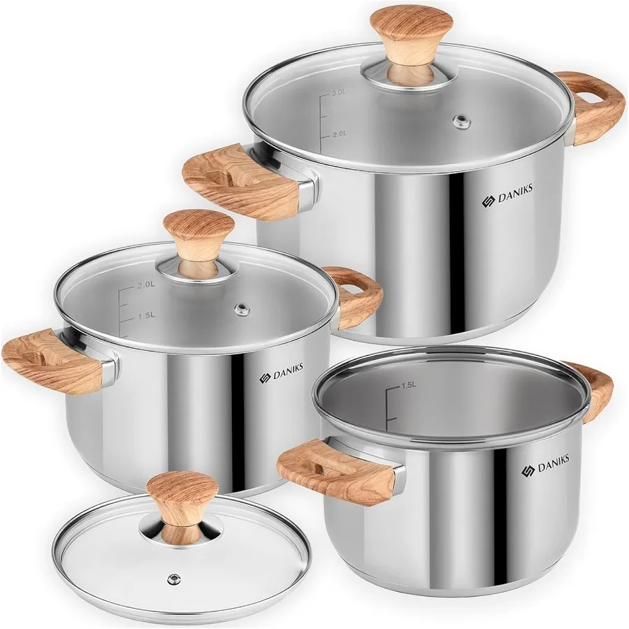 

6Piece Stainless Steel Induction Cookware Set for Home Kitchen Use Dishwasher Safe Pots with Heatproof Handles and Glass Lids I