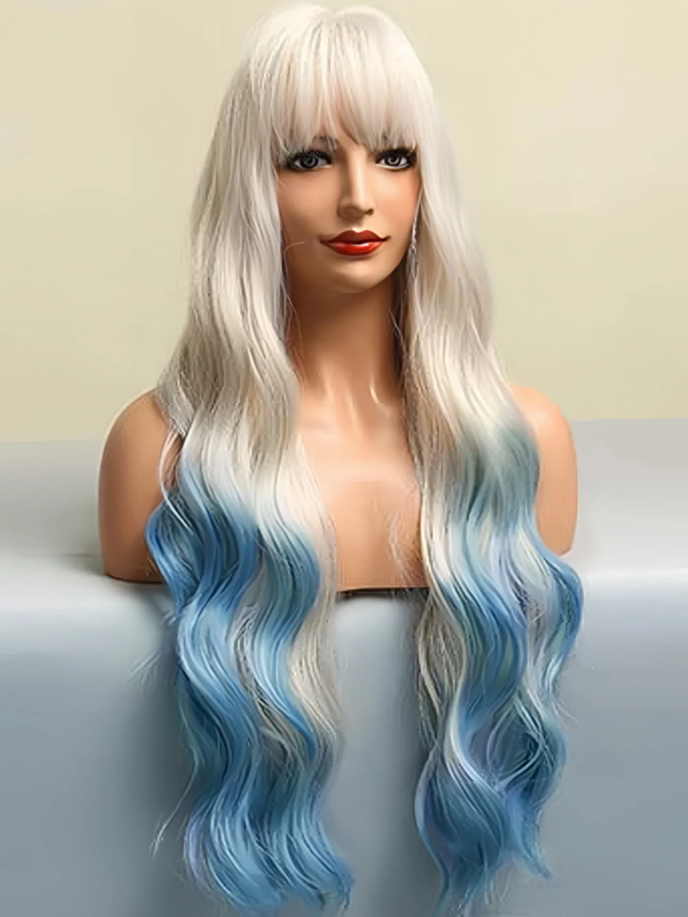 Synthetic Ombre Blue Wig with Bangs Long Ombre Blue Wigs for Women Long Wavy Blue Wig Ombre Wavy Heat Resistant Wigs for Daily P