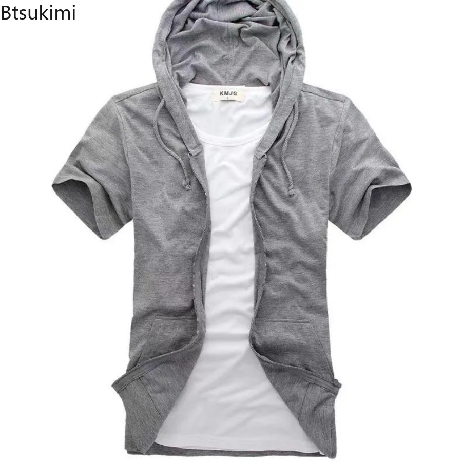 

Summer Short Sleeve Zipper Cardigan Men's T-shirt Slim Fit Hoodie Sporty Handsome Casual Top Solid Color Casual Sports T-shirt